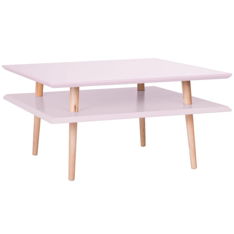 Firkantet lyserødt sofabord i laminat og træ på 68x68x35 cm
