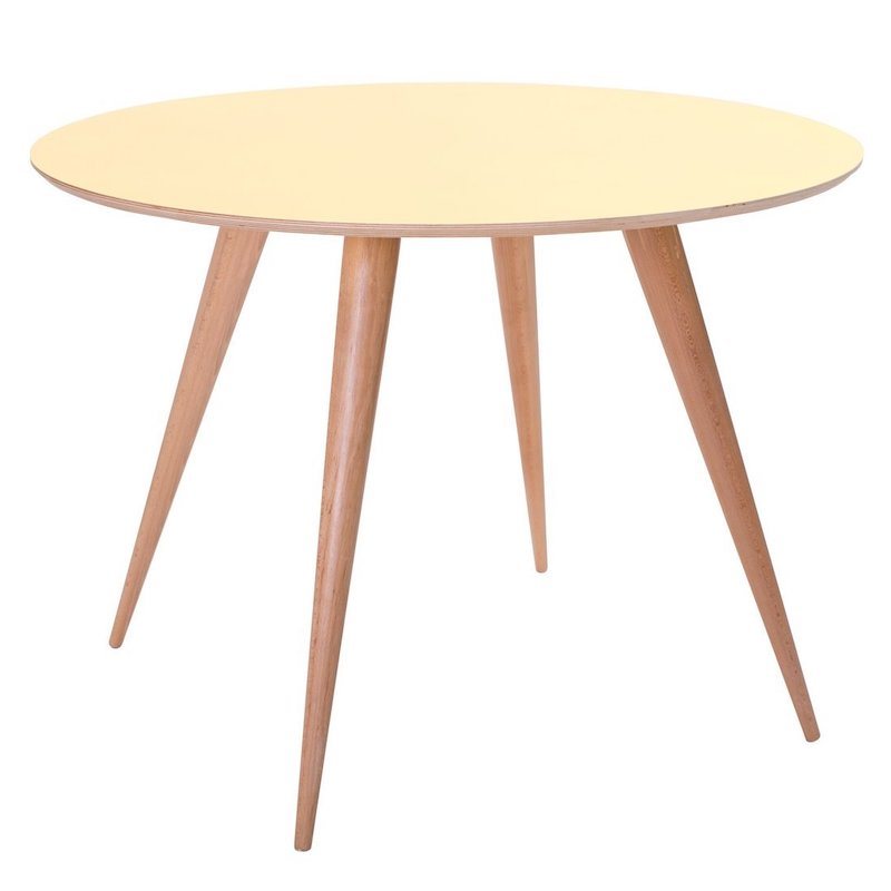 Rundt spisebord i træ med gul bordplade på Ø105 x 75 cm