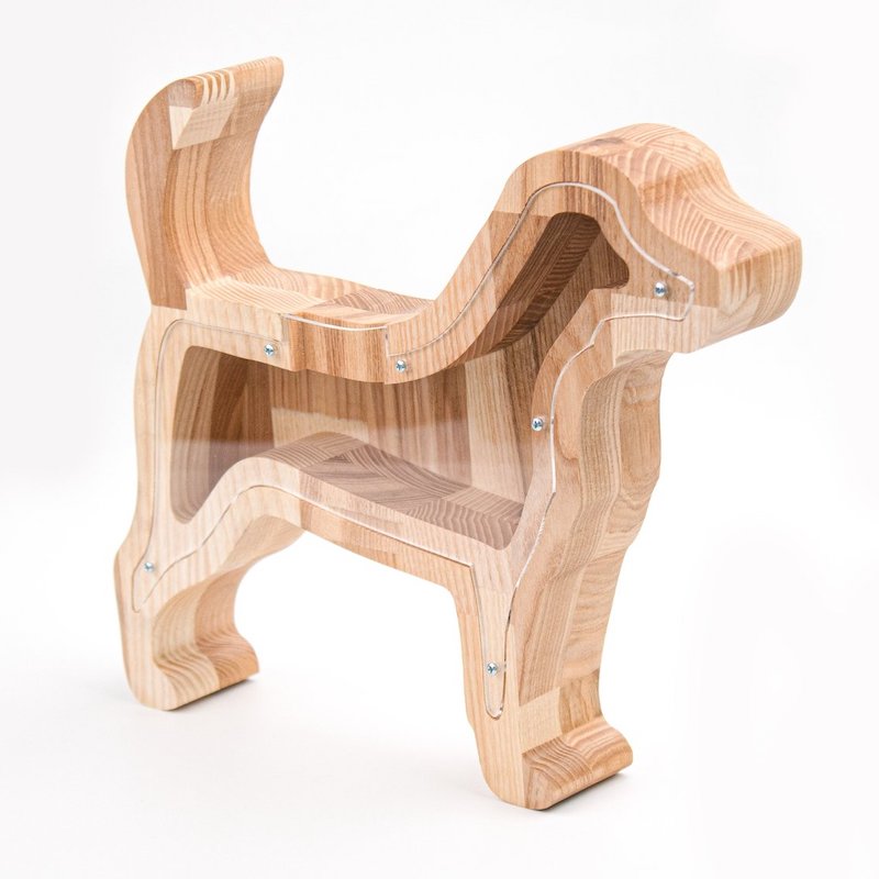 Sparebøsse i træ designet som en hund