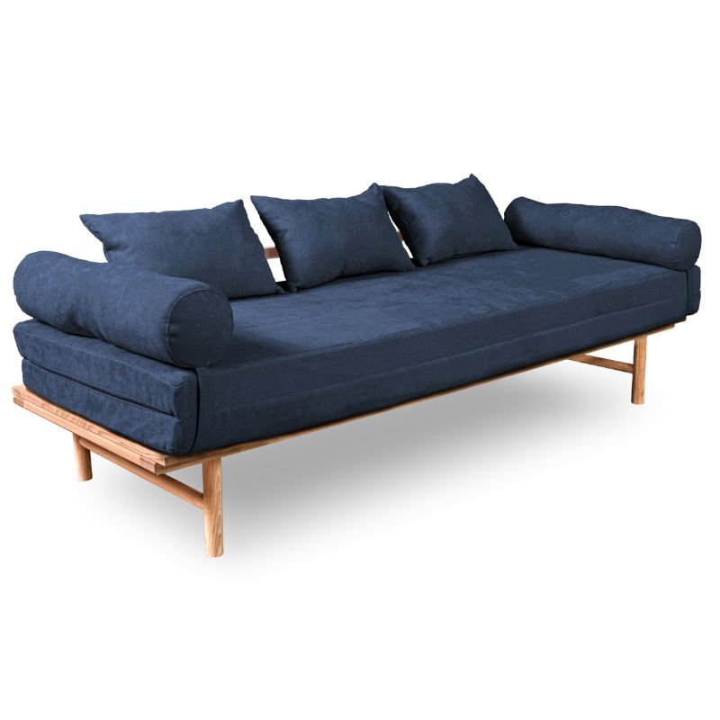 Sofa i bøgetræ med blåt betræk