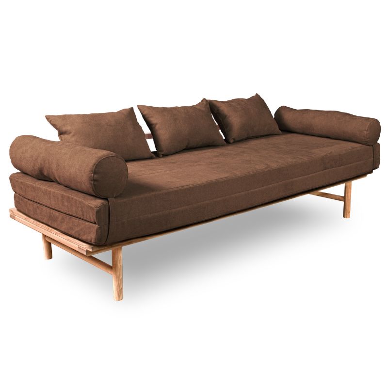 Sofa i bøgetræ med brunt betræk