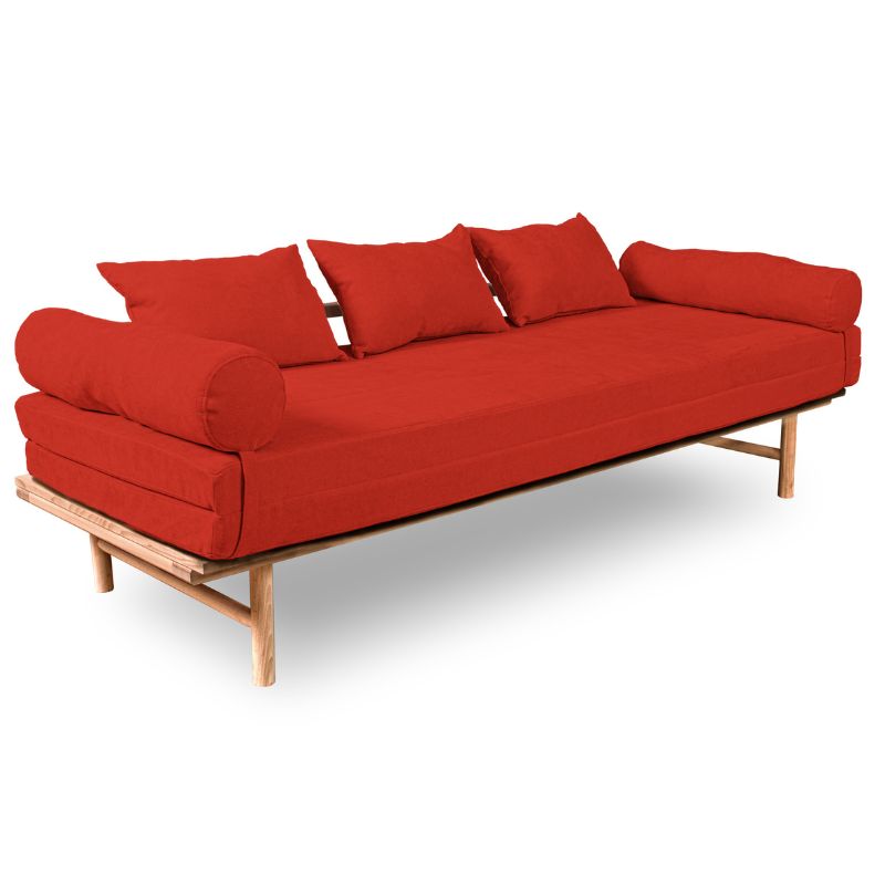 Sofa i bøgetræ med rødt betræk