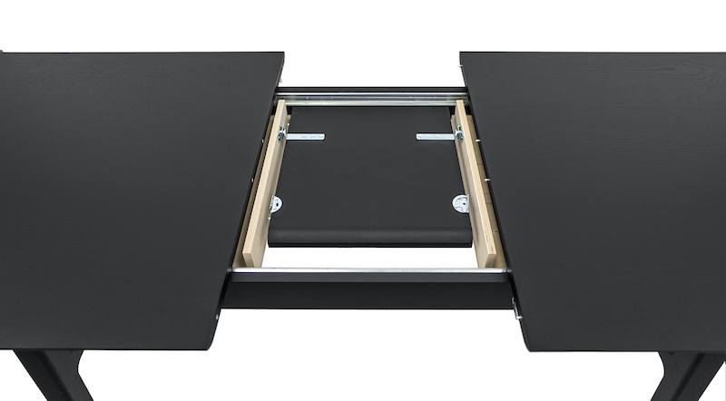 Spisebord i sort træ der kan forlænges fra 180 til 220 cm