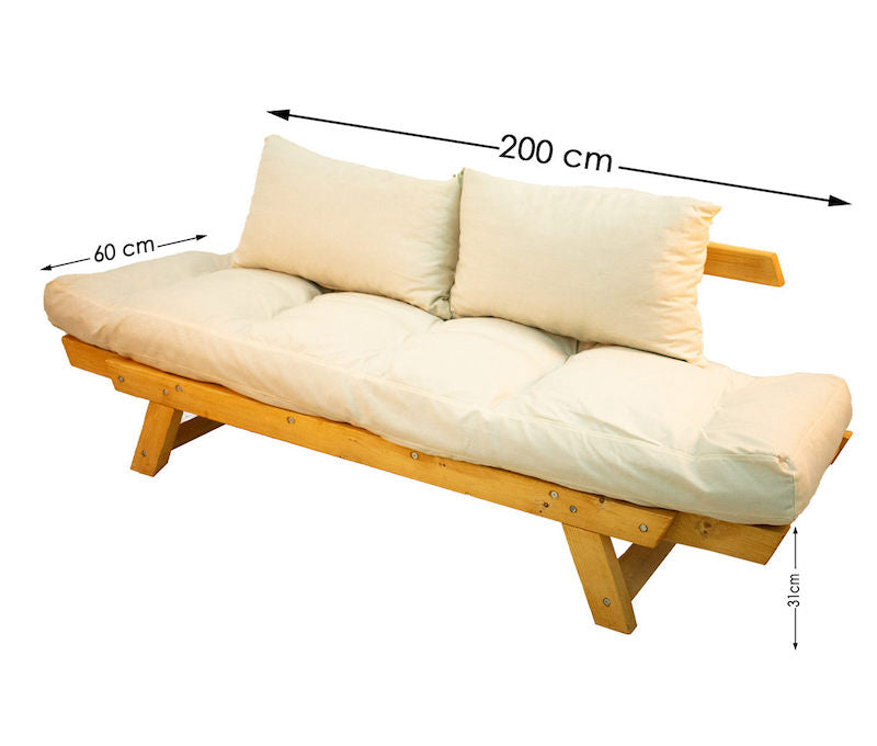 2-personers sofa i træ med hvide hynder 200x60 cm