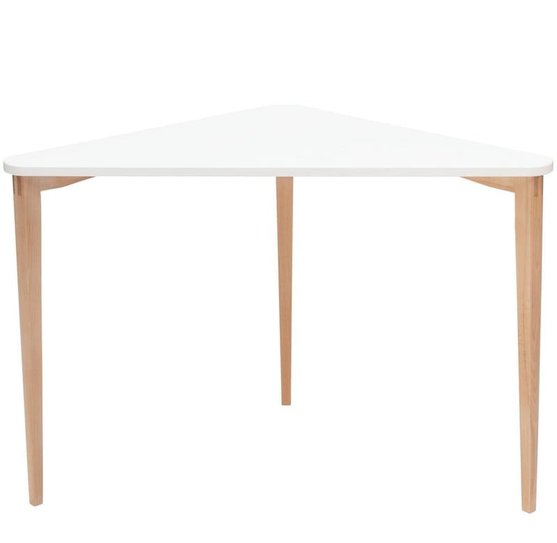 Hjørneskrivebord på 114x85x75 cm med hvid bordplade og træben