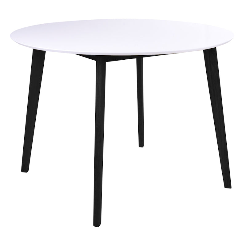 Rundt sort og hvidt spisebord med træben