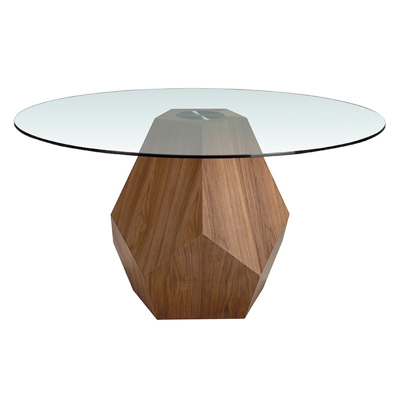 Rundt spisebord med glasbordplade og stor valnøddefod
