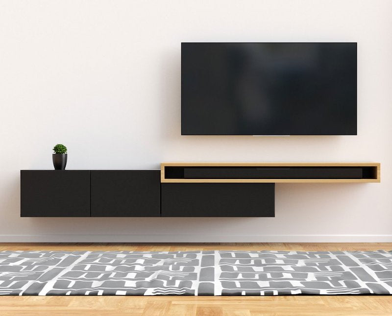 Unikt designet sort tv-bord med plads til soundbar